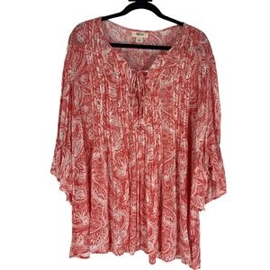 Style & Co L Coral Paisley Blouse Boho Flowy Tie Neck Peasant Top